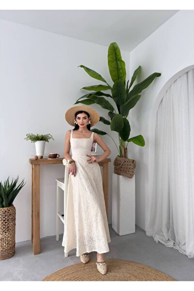 ETİKAFASHION Keten Kloş Çiçek Nakış Uzun Elbise