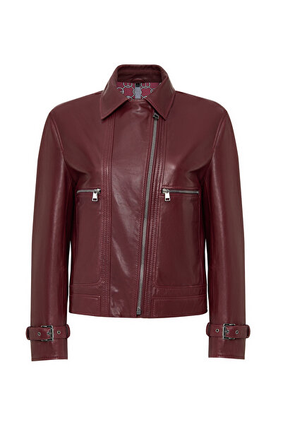 Derimod Paloma Women Burgundy Short Oversized Biker Leather Jacket 25Wgd5608Ve