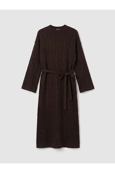 LC Waikiki Brown Crew Neck Self-Patterned Belted Knit Dress from Patenth