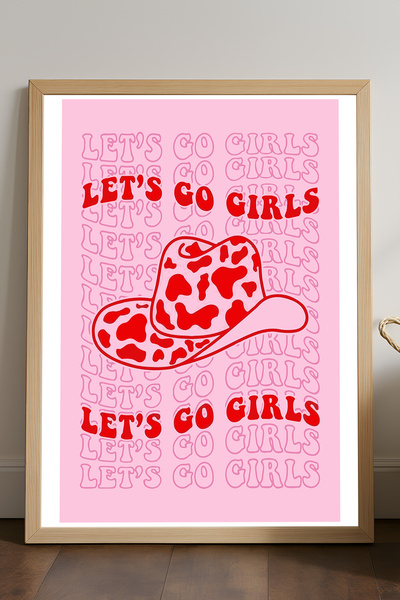 Duvarda Αφίσα Let's Go Girls με φυσικό ξύλινο πλαίσιο, διακοσμητικό ροζ πίνακ...