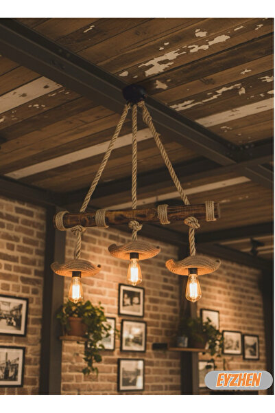 Eyzhen El Yapımı Jüt Sarkıt Halat Ahşap 3’lü Avize Kafe Ev Balkon Ofis Dekor Aydınlatma