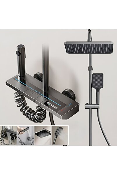 NOVLA Coloană de duș inteligentă 5 în 1 cu afișaj LED pentru temperatură, temporizator, aluminiu, gri închis