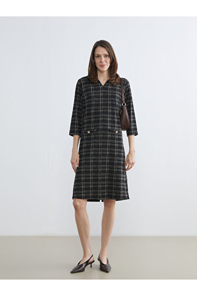 LC Waikiki Black Plaid Dress with a Collar