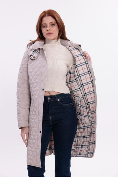 Butik Women's Plus Size Long Hooded Plaid Transitional Quilted Coat - Slim Fit