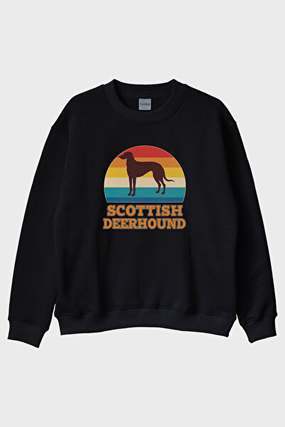 Generic Brand سويت شيرت Scottish Deerhound مطبوع ريترو أسود برقبة دائرية