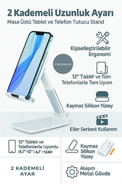CNGZSHOP Masa Üstü Tablet ve Telefon Tutucu Stand – 2 Kademeli Uzunluk Ayarlı