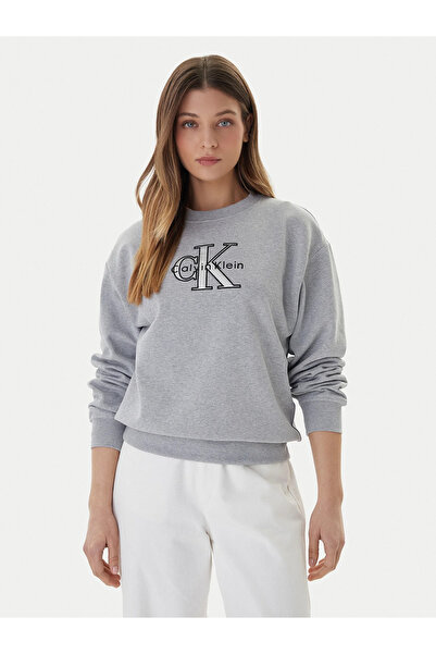 Calvin Klein Women's Regular Fit Cotton Logo Embroidered Long Sleeve Gray Sweatshirt Lv047E825G-P79