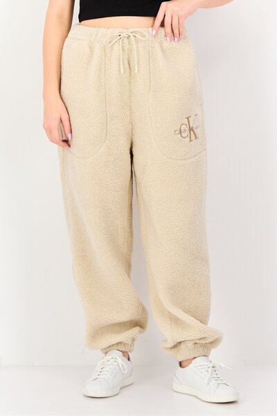 Calvin Klein Jeans Women Regular Fit Embroidered Logo Faux Fur Joggers Pants, Beige