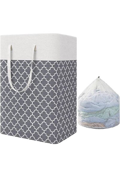 HYX Laundry Basket, 82L Foldable Laundry Hamper with Mesh Washbag (Grey Rectangle)
