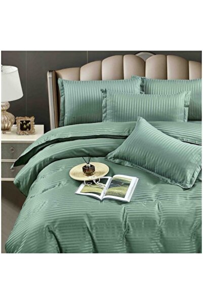 OEM King Size Double Bed Bedding Set, Damask Polycotton Satin Premium, 6 pcs, Matcha Green