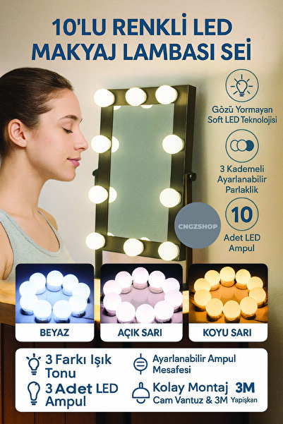 CNGZSHOP 10'lu Renkli LED Makyaj Lambası Seti – Profesyonel Aydınlatma ve Dek...