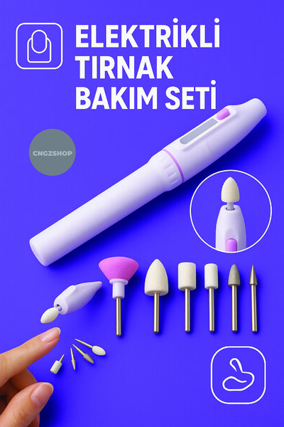 CNGZSHOP 5 Başlıklı Pilli Tırnak Manikür & Pedikür Törpü Makinesi – Kremsi Beyaz