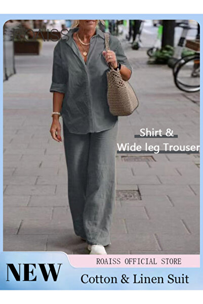 ROAISS Ladies Comfortable Cotton Linen 2 Piece Suit for Daily Commute - Shirt...