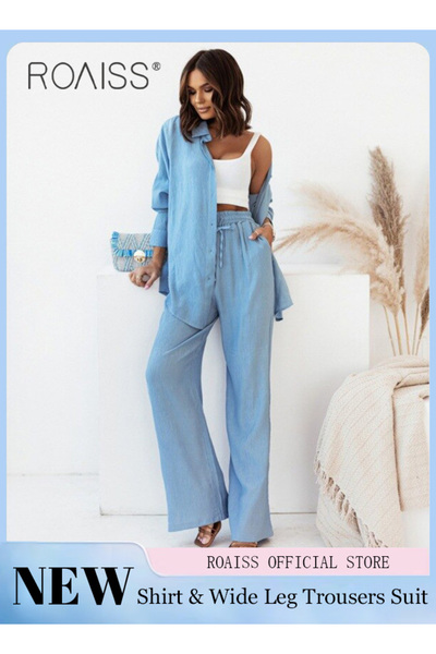 ROAISS Ladies Comfortable Cotton Linen 2 Piece Suit for Daily Commute - Shirt...
