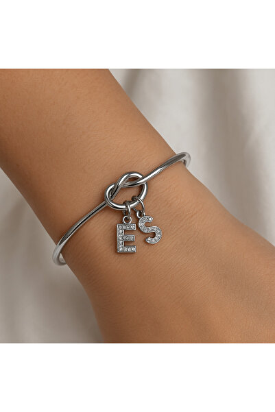 ALEYKA Kadın Gümüş Renk-Zirkon Harfli Ayarlanabilir Düğüm Kelepçe-(Harfler te...