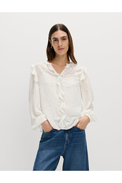 Marks & Spencer Süslemeli V‑Yaka Fırfırlı Uzun Kollu Bluz