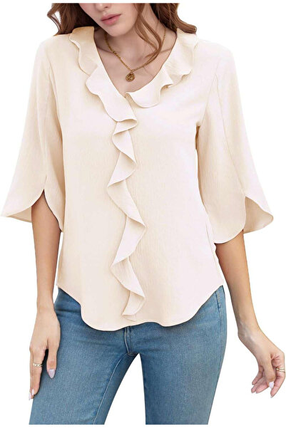 NAIOSS Elegant women's blouse with 3/4 sleeves, V-neckline, and ruffles