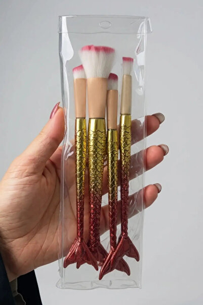 Kokoş Set of 4 Red and Gold Color Makeup Brushes with Fishtail Figure