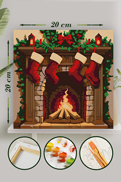 Palmiye Hobi Sanat Kırtasiye Sayılarla Boyama 20x20 Cm Tuval Seti Fırça Boya Dahil Çıtaya Gerili - Yılbaşı Şöminesi