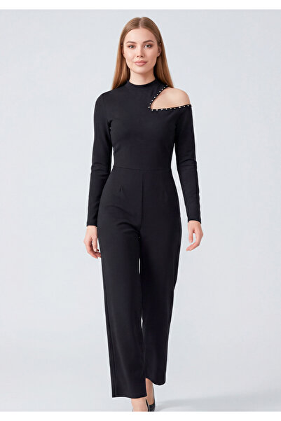 Little Visqon Siyah İnci Detaylı Tek Omuz Açık Balıkçı Yaka Uzun Kol Tulum