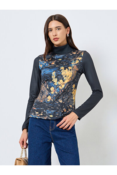 Take Two By Styli Graphic Print High Neck Long Sleeve Top
