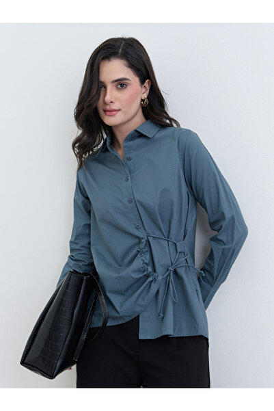 Styli Women Blue Cotton Long Sleeve Tie-Waist Shirt