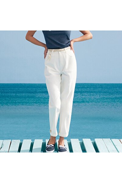 Giordano بنطلون جينز أبيض نسائي بخصر عالٍ وقصة مريحة