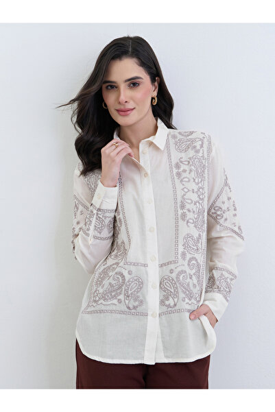 Styli Women Beige Embroidered Regular Fit Shirt