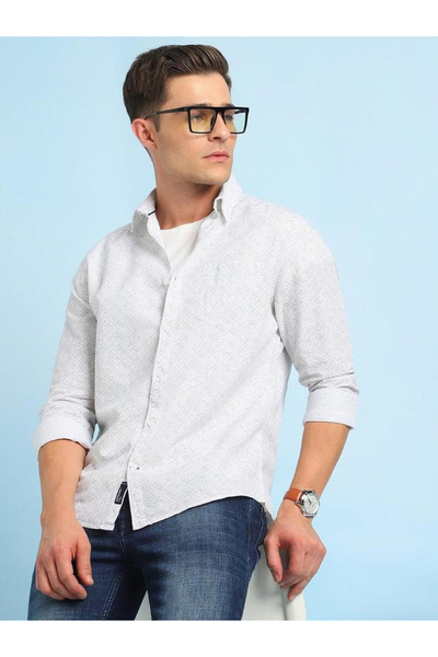 Dennis Lingo By Styli Men White Abstract Print Spread Collar Shirt