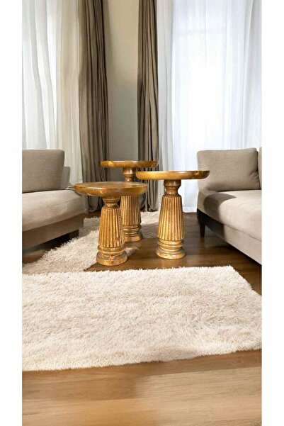 Simillo Home&Living Doğal Masif Ahşap Mantar Sehpa 3’lü Tütün Renk Zigon Fiskos