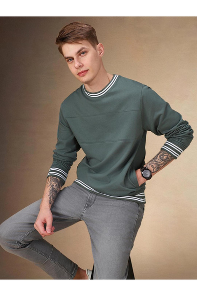 Dennis Lingo By Styli Men Olive Striped Round Neck Sweatshirt