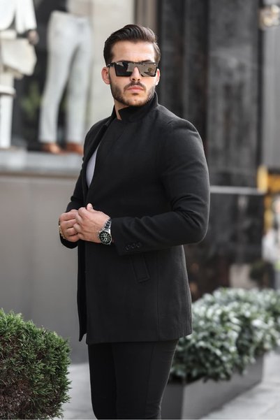 Bermuda Giyim Palton negru pentru bărbați, croială slim, din cașmir