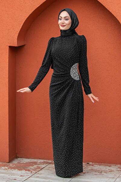 Tesettür Çarşım Parıltı Taşlı Drapeli Tesettür Abiye-Siyah