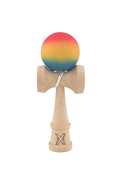 Kendama X Originala, Profesionala, din Lemn, Rubber Grip, 18 cm,Rosu/Galben/A...
