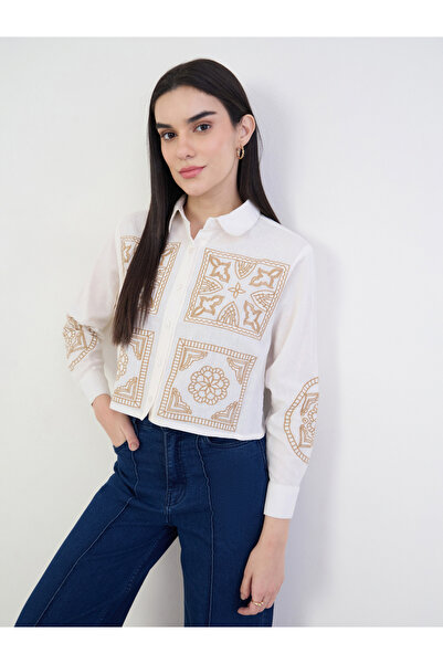 Styli Off White Embroidered Boxy Crop 100% Cotton Shirt