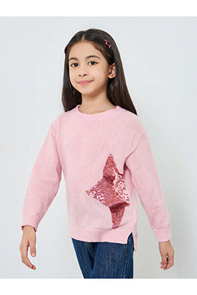 Styli Girls Pink Sequin Star Knitted Sweatshirt