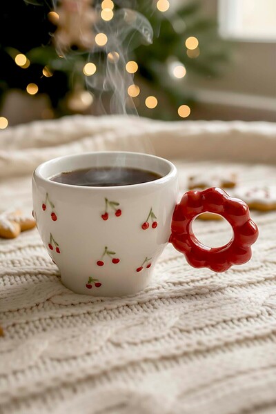 Rivaİstanbul كوب قهوة مزدوج من السيراميك مصنوع يدويًا كهدية رأس السنة الجديدة من كرز أمور