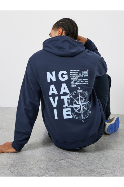Styli Navy Blue Graphic Print Relaxed Fit Hoodie