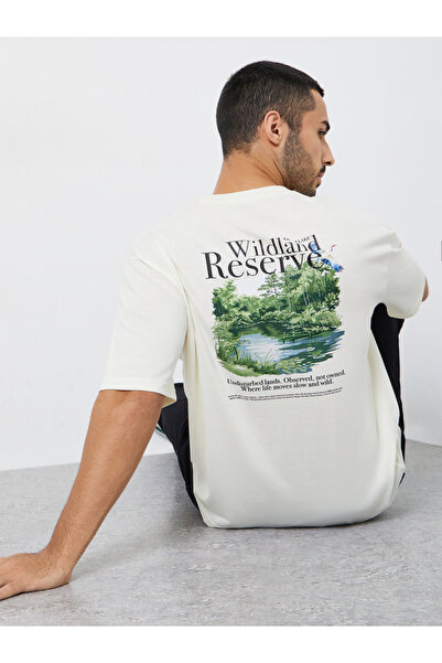 Styli Men Cream Graphic Print Oversized T-Shirt