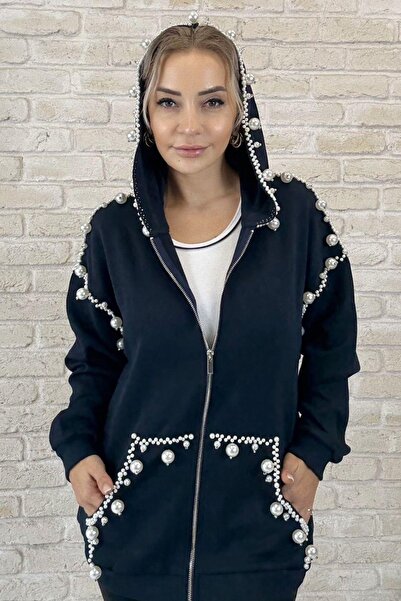 Muna Boutique سترة نسائية بغطاء رأس باللون الأزرق الداكن مزينة بالخرز وسحاب أ...