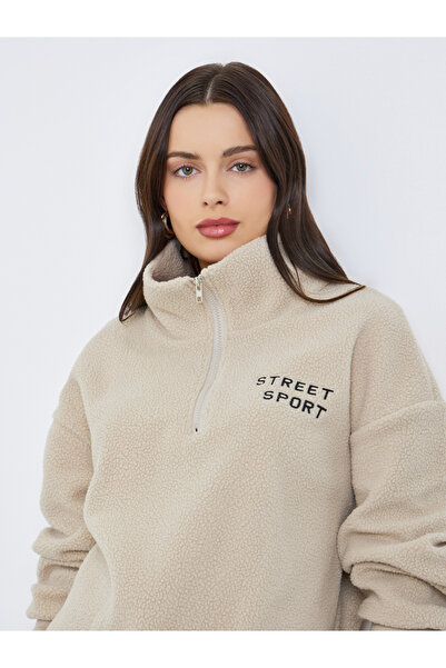 Styli Beige Fleece Quarter-Zip Sweatshirt