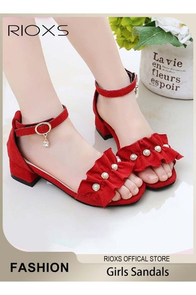 RIOXS صنادل للبنات الصغيرات، صنادل بكعب منخفض للبنات، أحذية مفتوحة الأصابع بأحزمة للكاحل مزينة بالزهور، أزياء أنيقة
