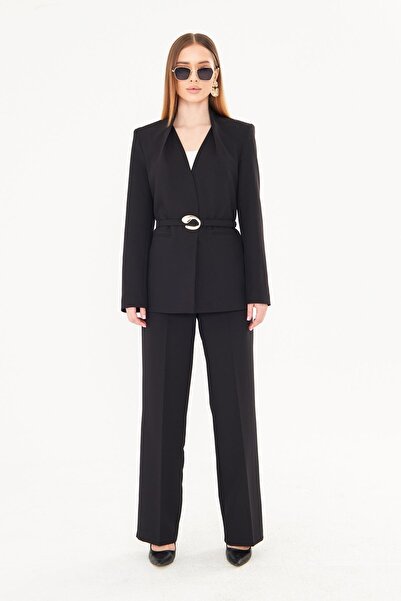 LOVELF Premium Yaka Kırmalı Gold Kemerli Takım Siyah