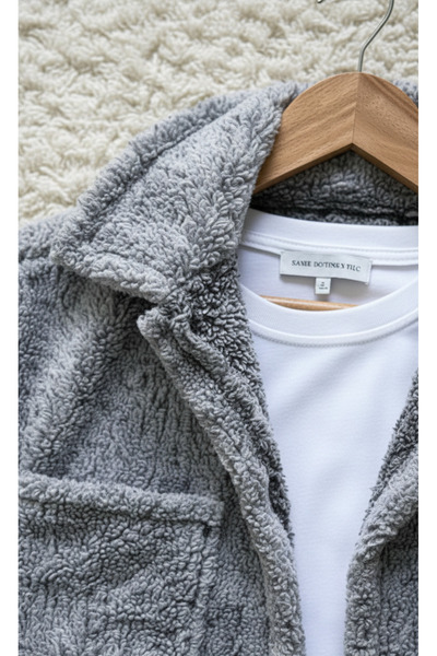 Fifty Color Gray Melange Buttoned Plush Jacket + Black Sweatpants Bottom Combination
