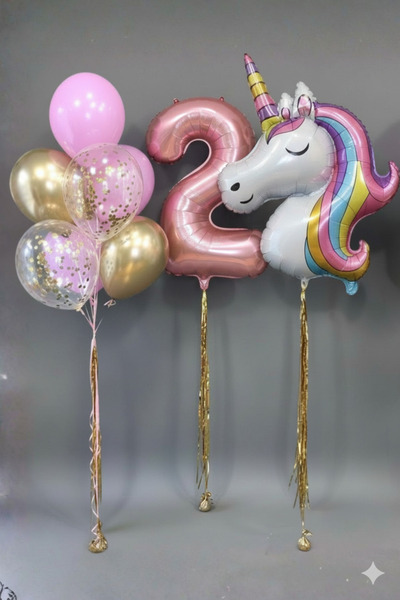 PARTİAVM Dev Unicorn Balon 2 Yaş Pembe Rakam Balon Makaron Pembe Gold Krom Ko...