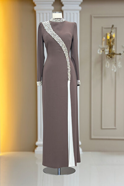 Amine Hüma İnci Abiye Elbise Vizon