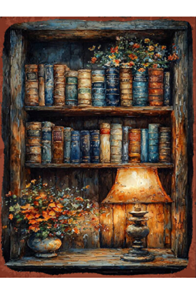 BiveSa Kitaplık Ve Lamba Temalı Ahşap Retro Poster