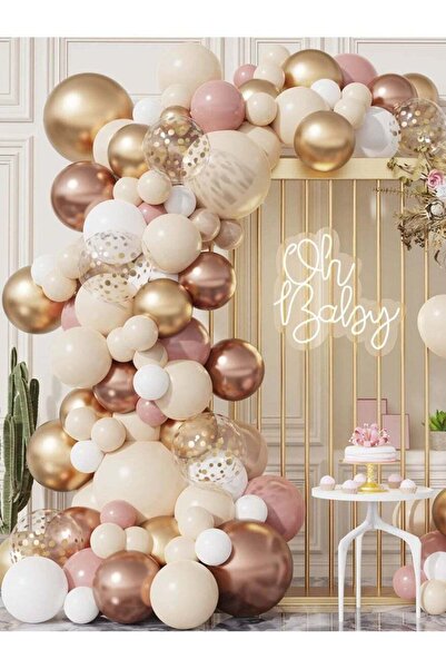 Generic مجموعة بالونات لاتكس مكونة من 99 قطعة - ذهبية، وردية، وبيضاء مع شريط لاصق للبالونات