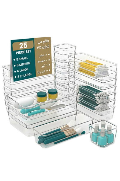 WINEENEE مجموعة من 25 قطعة من منظمات أدراج المكتب، صواني تخزين بلاستيكية شفافة، فواصل للأدراج