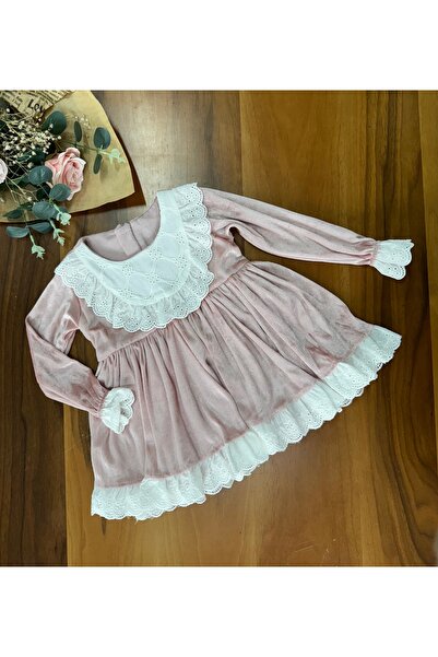Mini Chics Lia Uzun Kol Kadife Kız Bebek Elbise